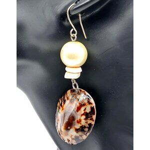 🌺 Natural Shell Dangle Earrings – Faux Pearl & Coral Beads, Boho Coastal Style
